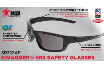 Image of MCR Safety Swagger SR3 Safety Glasses, UV-AF Anti-Fog Lenses, Gray, One Size, SR322AF