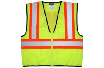 Image of MCR Safety VWCCS2LXL Hi Vis Reflective Safety Vest, ANSI Type R Class 2, 4in Silver Stripes, Zipper Front Closure, Fluorescent Lime, XL, VWCCS2LXL