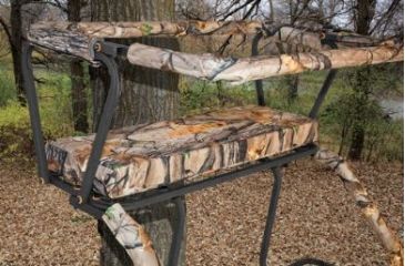Image of Muddy Commander Ladderstand, includes 1-1in Ratchet Strap, 2-1in Stabilizer Straps, 2-Full Body Arrest Harnesses, Adjustable Support Bar, Padded, Flip-Back Shooting Rail, Black/Camo MLS2100