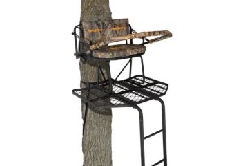 Image of Muddy Prestige 2-Man Ladderstand,  Ratchet Strap, Stabilizer Straps, 2-Full Body Arrest Harnesses, Adjustable Support Bar, Padded, Adjustable, Flip-Back Shooting Rail, Black/Camo MLS2700