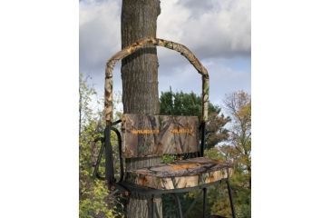 Image of Muddy Prestige 2-Man Ladderstand,  Ratchet Strap, Stabilizer Straps, 2-Full Body Arrest Harnesses, Adjustable Support Bar, Padded, Adjustable, Flip-Back Shooting Rail, Black/Camo MLS2700