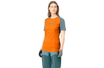 Image of Norrona Fjora Equaliser Lightweight T-Shirt - Womens, Orange Popsicle/Tourmaline, Small, 7042698465009