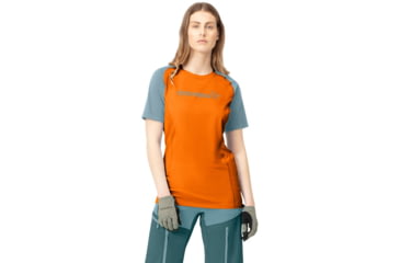 Image of Norrona Fjora Equaliser Lightweight T-Shirt - Womens, Orange Popsicle/Tourmaline, Small, 7042698465009