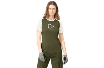 Image of Norrona Fjora Wool T-Shirt - Womens, Olive Night/Snowdrop, Small, 7042698461568