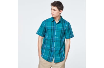 Image of Oakley Checked Woven Short Sleeve Shirt - Mens, Green Check, Extra Small, FOA400030-97N-XS