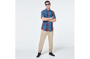 Image of Oakley Checked Woven Short Sleeve Shirt - Mens, Orange Check, Extra Small, FOA400030-97E-XS