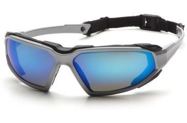 Image of Pyramex Highlander Safety Eyewear - Ice Blue Mirror Anti-Fog Lens, Silver-Black Frame SSB5065DT