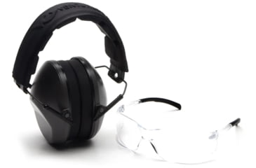 Image of Pyramex VGCOMBO110 Low-Profile Combo Kit Scratch Resistant Clear Lens &amp; Frame with Rubber Temple Tips, Gray Low-Profile Earmuffs, VGCOMBO110