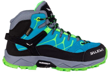 Image of Salewa Alp Trainer Mid GTX Hiking Boots - Kids, Blue Danube/Fluo Green, 3.5, 00-0000064010-8375-3.5