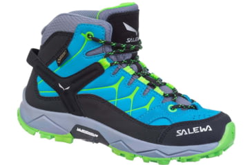 Image of Salewa Alp Trainer Mid GTX Hiking Boots - Kids, Blue Danube/Fluo Green, 3.5, 00-0000064010-8375-3.5