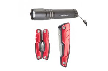 Image of Sheffield 3 Pc. Knife / Multi-Tool / Flashlight Set, Black/Red 12940