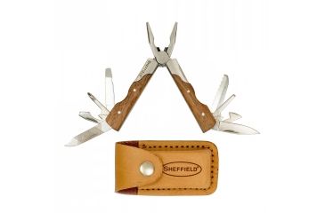 Image of Sheffield Premium Mini 14-in-1 Folding Multi Tool w/ Sheath and Wooden Handle 12806