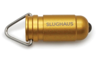 Image of Slughaus Bullet 02 Light Brass, 1.13in X 0.39in X 0.39in, Impact Resistant, Water Resistant, Keychain, Fire Proof, Led, Twist Operation, Aluminum Construction, Gold, SLUG007