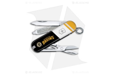 Image of Victorinox Swiss Army Knife Classic SD Folding Knives, 1.55in, Black/White/Yellow Handle, Boston Bruins, Steel/Black/White/Yellow, 2.25in, BHQ-205613