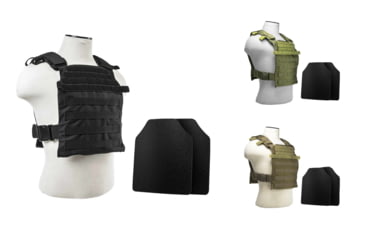 Image of Vism Fast Plate Carrier w/2 10x12in Level IIIA Shooters Cut Hard Ballistic Plates, Black, Green, Tan