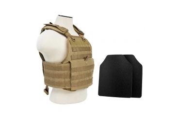 Image of Vism Plate Carrier Vest w/2 10x12in Level IIIA Shooters Cut Hard Ballistic Panels, Tan BUCCVPCV2924T-A