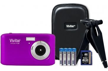 Image of Vivitar 14.1 Megapixel F128 HD Digital Camera Kit w/4 GB Card, Case, Tripod - Purple VF128-PUR/KIT-PR 
