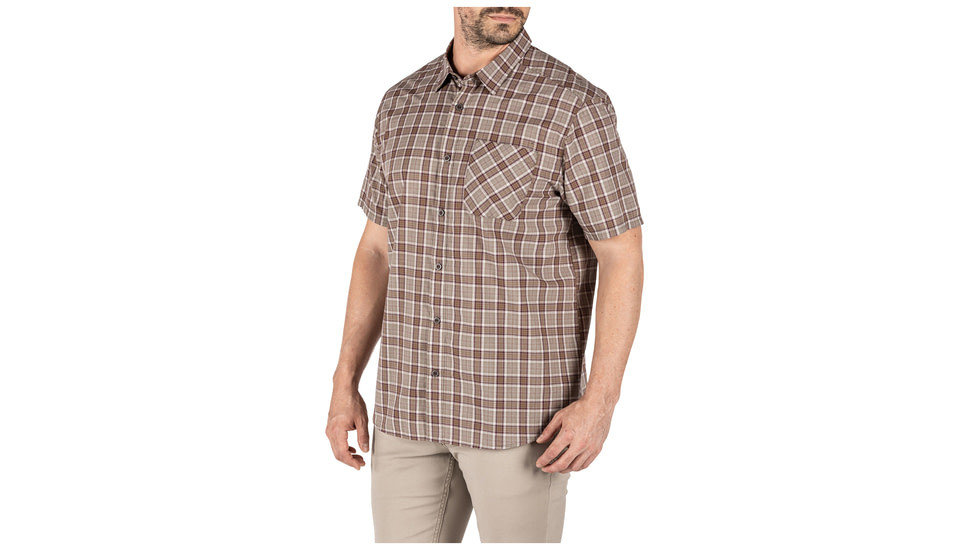 5.11 Tactical Carson Plaid Short Sleeve Shirt, Stone Plaid - 71394-417-S