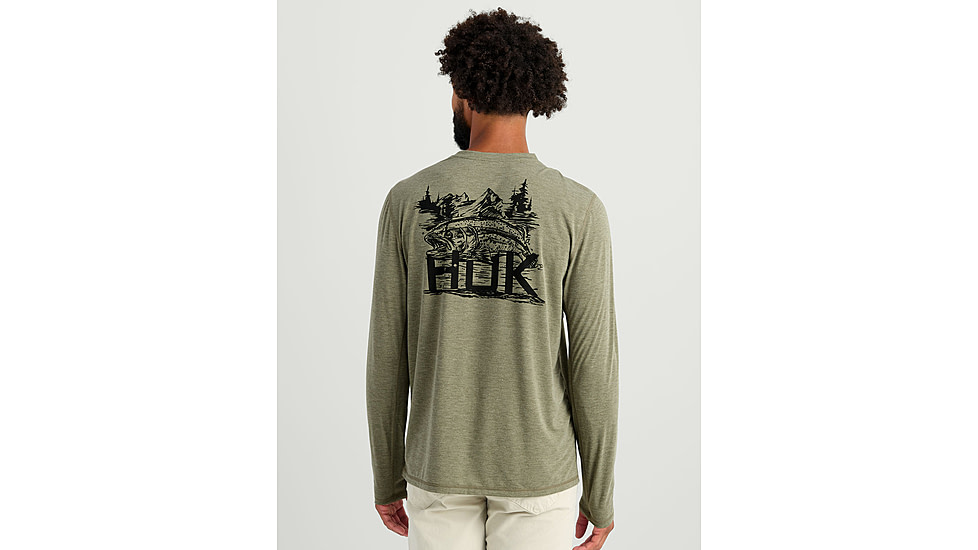 HUK Performance Fishing Drift Graphic Crew Shirt -Mens, Long Sleeve, Heather Moss, Small, H1200709-318-S