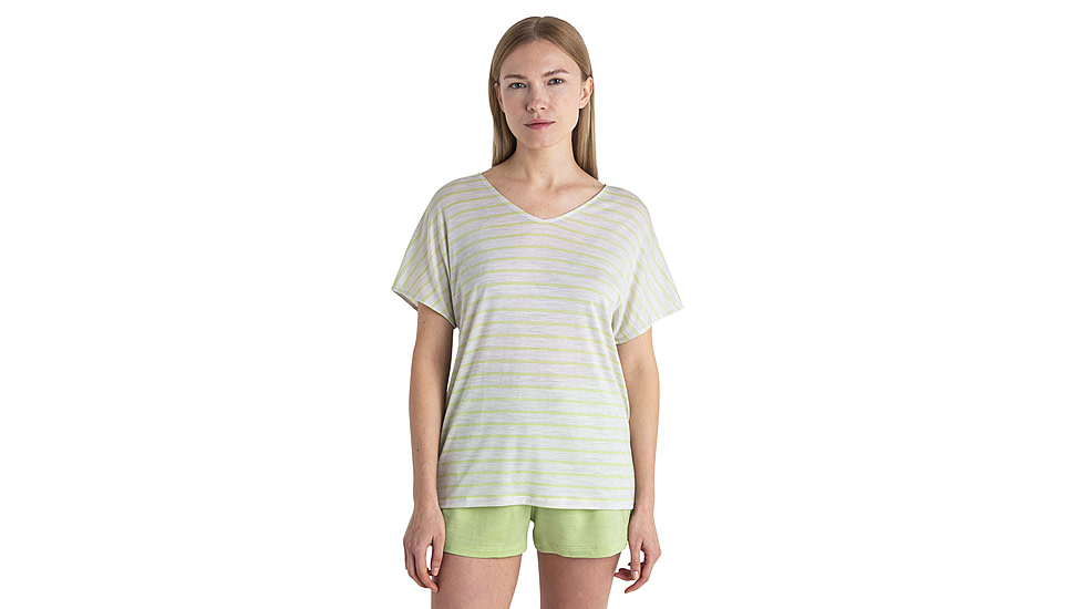 Icebreaker Merino Drayden Reversible SS Top Stripe - Womens, Ecru Heather/Glazen/S, Large, IB0A56ZWB78L