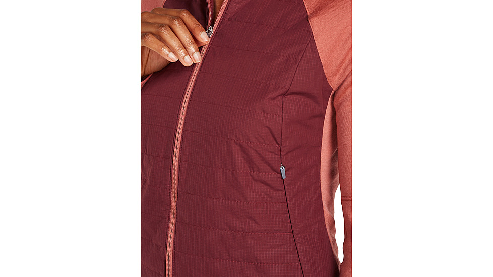 Icebreaker Women Merino Quantum Hybrid LS Zip Hoodie, Cedar Wood/Port/CB, M, IBBA56SZ02TM