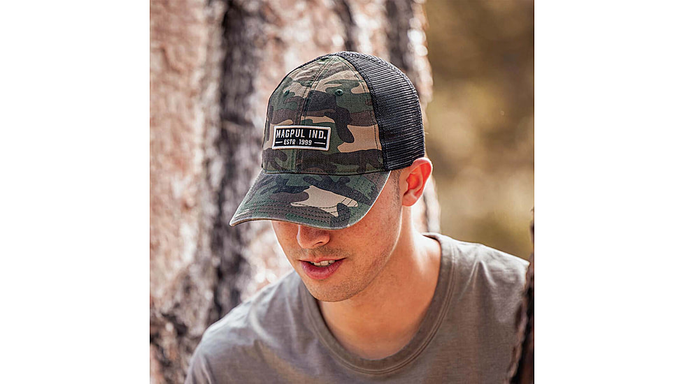 Magpul Industries Established Garment Washed Trucker Hat w/Embroidered Patch - Mens, Woodland Camo, One Size, MAG1260964