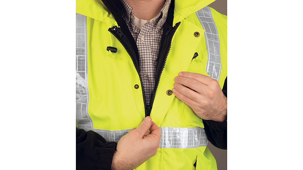 MCR Safety Luminator Reversible Bomber Jacket, PU/Cotton Poly,ANSI Class 3, Attached Hide-Away Hood, Fluorescent Lime, XL, BRCL3LXL