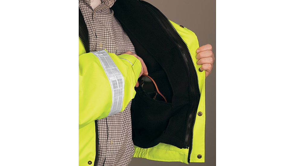 MCR Safety Luminator Reversible Bomber Jacket, PU/Cotton Poly,ANSI Class 3, Attached Hide-Away Hood, Fluorescent Lime, XL, BRCL3LXL