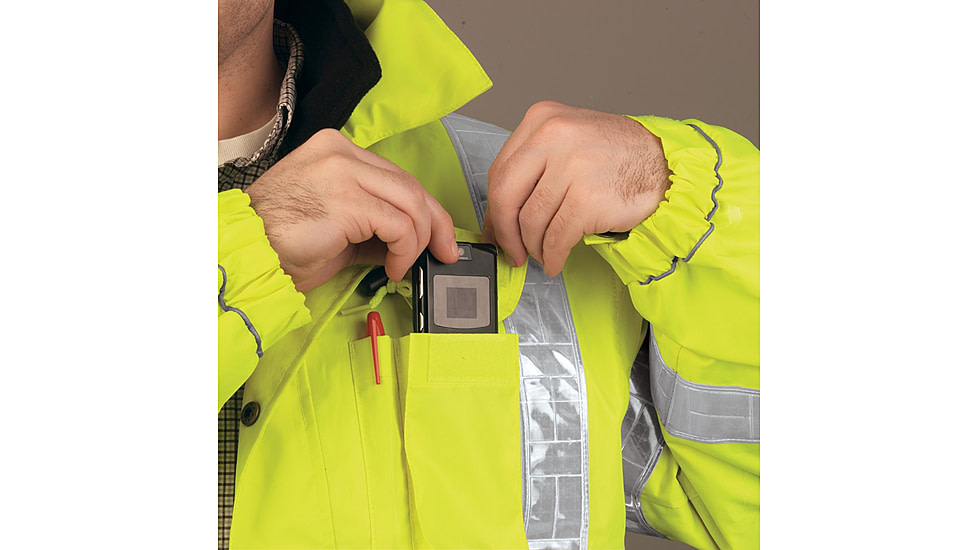 MCR Safety Luminator Reversible Bomber Jacket, PU/Cotton Poly,ANSI Class 3, Attached Hide-Away Hood, Fluorescent Lime, XL, BRCL3LXL