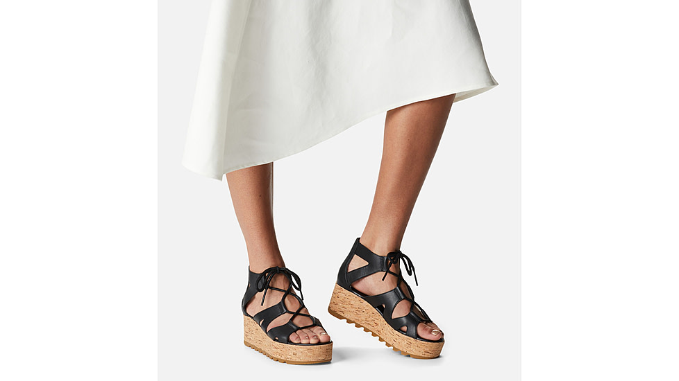 Sorel Cameron Flatform Lace Wedge Sandals Leather - Womens, Black/Gum 2, 9.5 US, 1981631-010-9.5