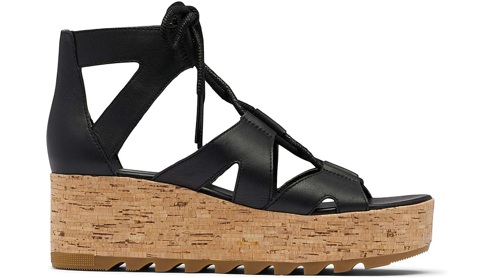 Sorel Cameron Flatform Lace Wedge Sandals Leather - Womens, Black/Gum 2, 9.5 US, 1981631-010-9.5