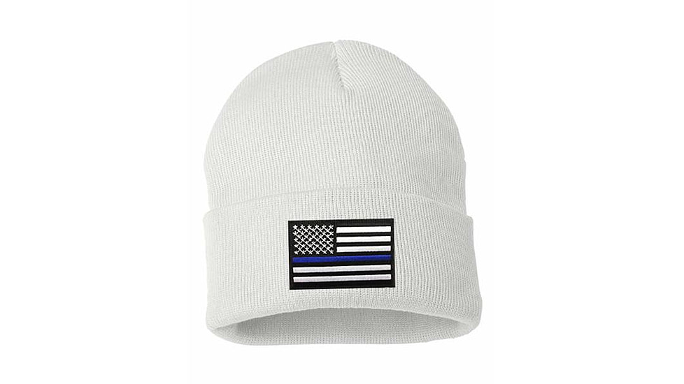 Thin Blue Line Flag Embroidered Beanie, White - BEANIE-TBL-WHITE