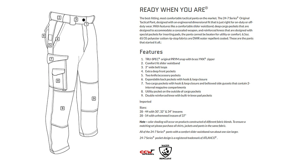 TRU-SPEC 24-7 Series Tactical Teflon Pants - Mens, PolyCotton Ripstop, Black, Waist 30 in, Inseam 30 in, 1062043