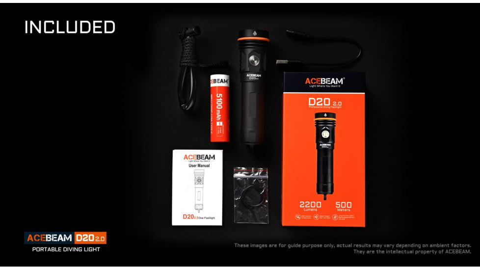 Acebeam D20 1 x 18650/ 21700 CREE XHP35 HD LED Dive Light, 2200 Lumens, Black, D20 2.0