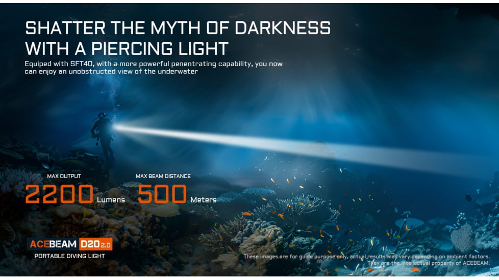 Acebeam D20 1 x 18650/ 21700 CREE XHP35 HD LED Dive Light, 2200 Lumens, Black, D20 2.0