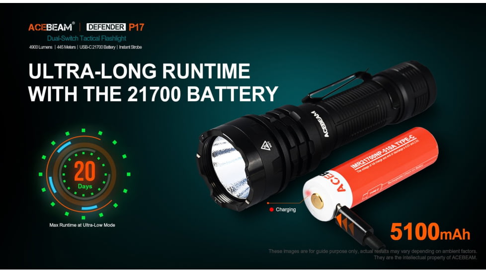 Acebeam Defender P17 LED Tactical Flashlight, Li-Ion Battery, 4900 Lumen, Black, 147x41x26mm, P17 Black