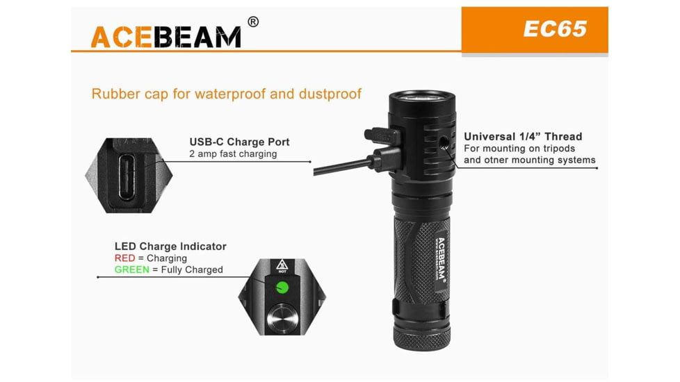 Acebeam EC65 1 x 21700 4 x CREE XHP35 HI LED Rechargeable Flashlight, 4000 Lumens, Black, EC65-XHP35