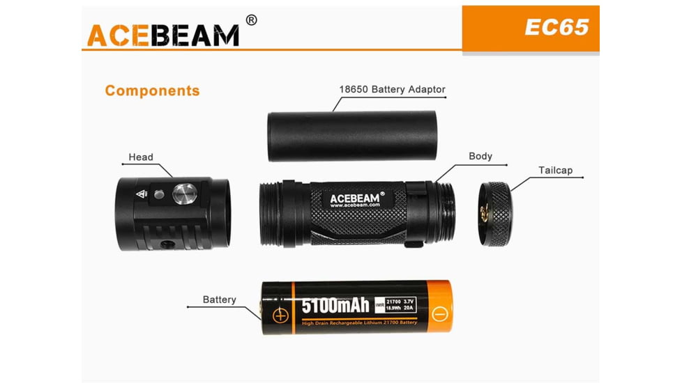 Acebeam EC65 1 x 21700 4 x CREE XHP35 HI LED Rechargeable Flashlight, 4000 Lumens, Black, EC65-XHP35