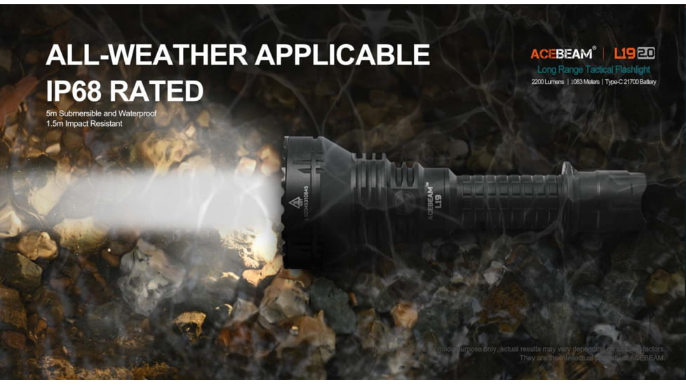 Acebeam L19 2.0 Long Range Flashlight, 21700 Li-Ion Battery, 2200 Lumen, Black, 163.8x60x25.4mm, L19 2.0 White SFT40