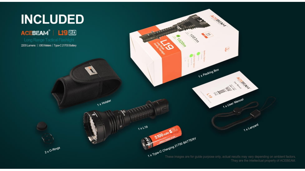 Acebeam L19 2.0 Long Range Flashlight, 21700 Li-Ion Battery, 2200 Lumen, Black, 163.8x60x25.4mm, L19 2.0 White SFT40