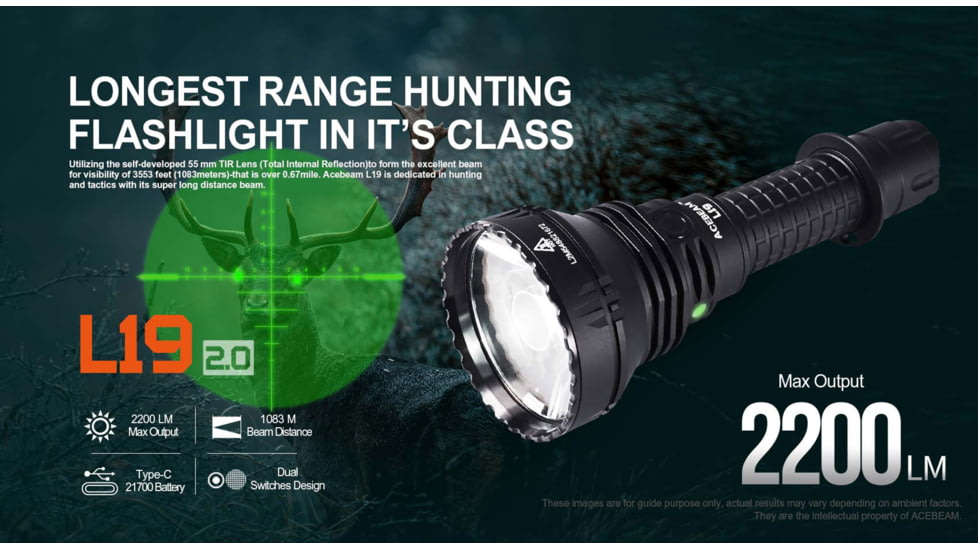 Acebeam L19 2.0 Long Range Flashlight, 21700 Li-Ion Battery, 2200 Lumen, Black, 163.8x60x25.4mm, L19 2.0 White SFT40