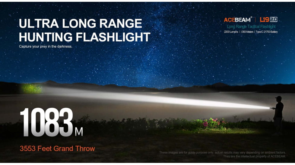 Acebeam L19 2.0 Long Range Flashlight, 21700 Li-Ion Battery, 2200 Lumen, Black, 163.8x60x25.4mm, L19 2.0 White SFT40
