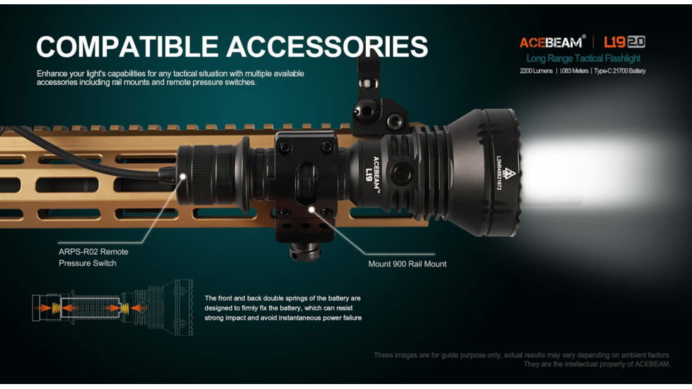 Acebeam L19 2.0 Long Range Flashlight, 21700 Li-Ion Battery, 2200 Lumen, Black, 163.8x60x25.4mm, L19 2.0 White SFT40