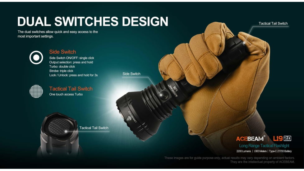 Acebeam L19 2.0 Long Range Flashlight, 21700 Li-Ion Battery, 2200 Lumen, Black, 163.8x60x25.4mm, L19 2.0 White SFT40