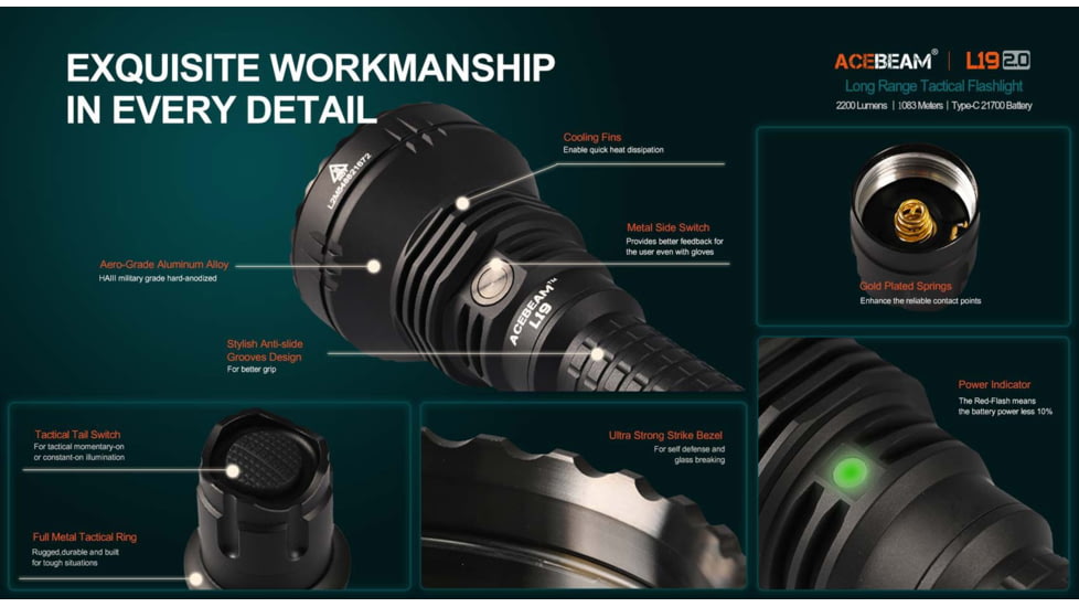 Acebeam L19 2.0 Long Range Flashlight, 21700 Li-Ion Battery, 2200 Lumen, Black, 163.8x60x25.4mm, L19 2.0 White SFT40