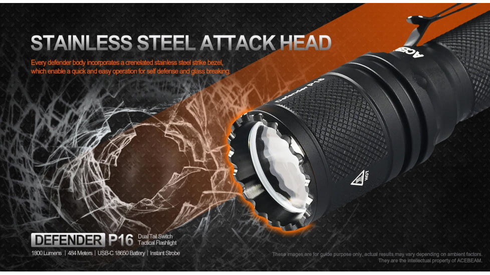 Acebeam Tactical Defender P16 Flashlights, Li-Ion Battery, 1800 Lumens, Tail-Dual Switch, Black, P16
