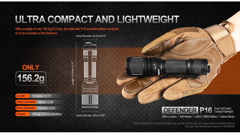 Acebeam Tactical Defender P16 Flashlights, Li-Ion Battery, 1800 Lumens, Tail-Dual Switch, Black, P16