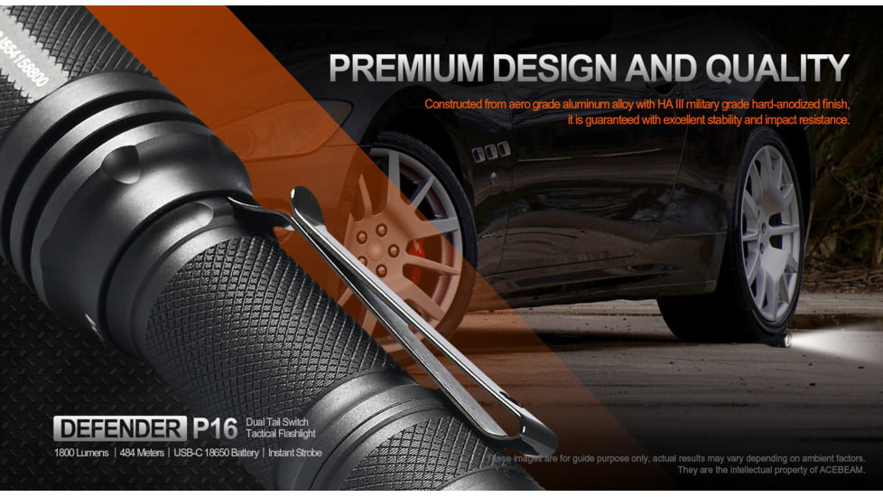 Acebeam Tactical Defender P16 Flashlights, Li-Ion Battery, 1800 Lumens, Tail-Dual Switch, Black, P16