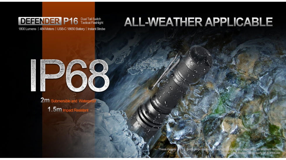 Acebeam Tactical Defender P16 Flashlights, Li-Ion Battery, 1800 Lumens, Tail-Dual Switch, Black, P16