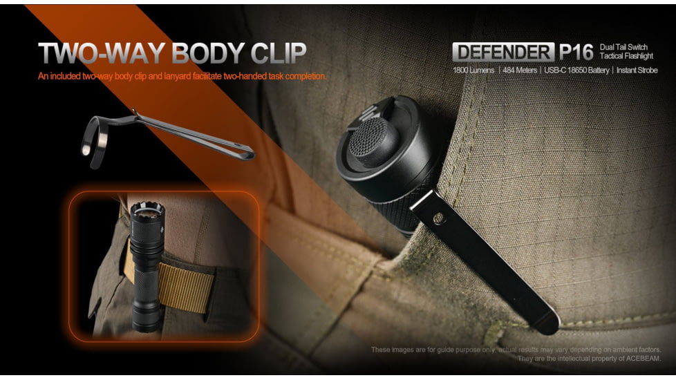 Acebeam Tactical Defender P16 Flashlights, Li-Ion Battery, 1800 Lumens, Tail-Dual Switch, Black, P16